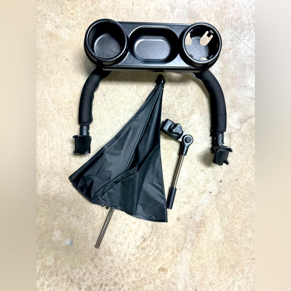 Universal stroller tray and umbrella shade